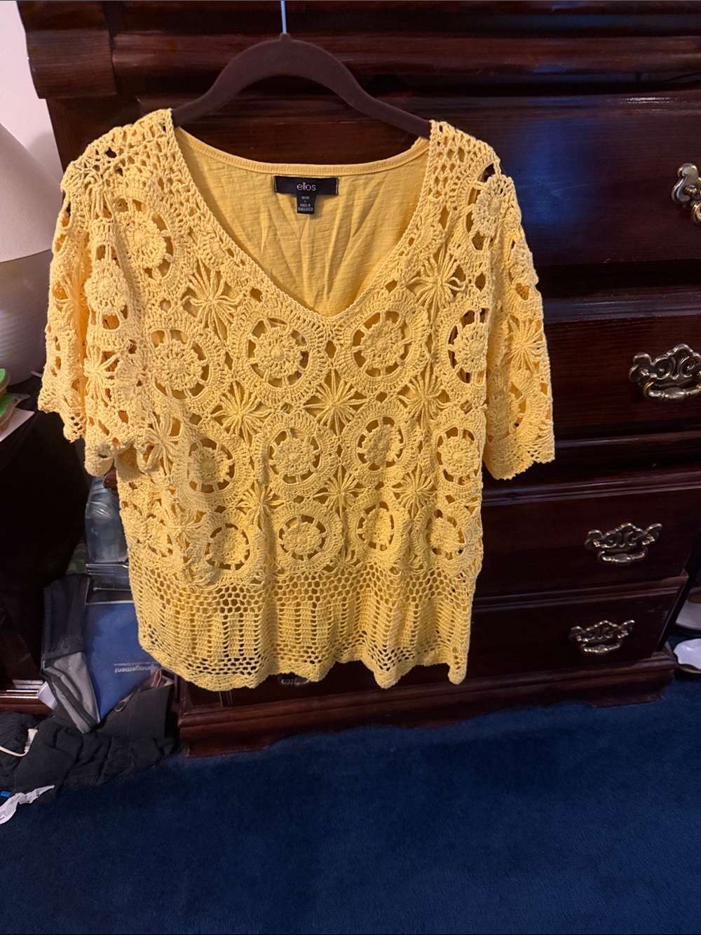 roamans Yellow Crochet V-Neck Tunic Top with yellow tank